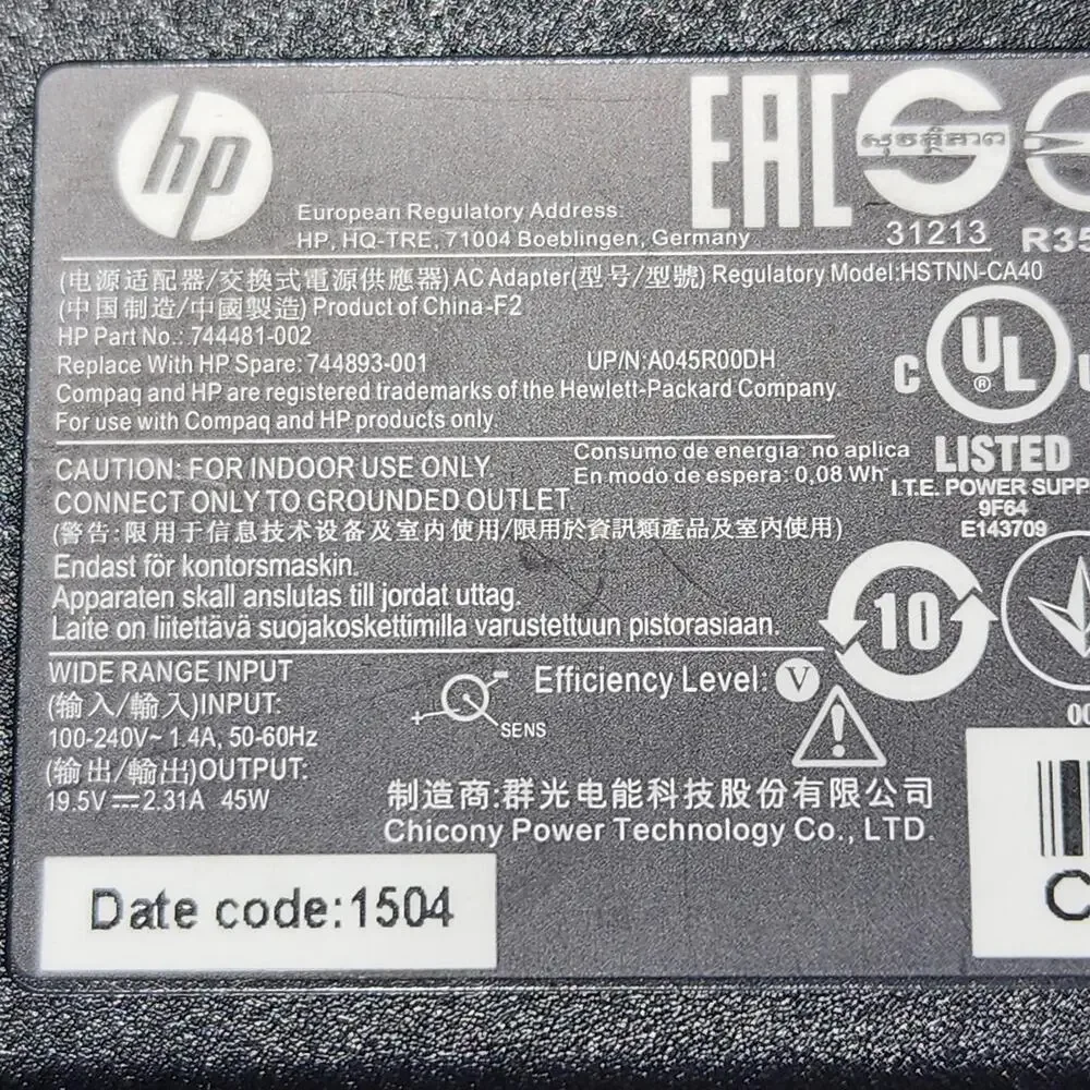 Original HP 744481-002 AC/DC Adapter Charger 19.5V 2.31A 45W OEM 7.5x5+Pin Tip